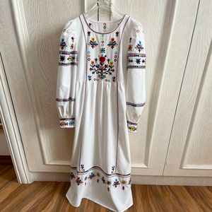 women's dress cotton white round neck long sleeved colorful embroidered midi dress