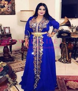 Elegant Royal Blue Muslim Evening Dress Marockan Kaftan Robe de Soiree Dubai Lace Applique Formal Dress Long Sleeve Women Party Go8390475