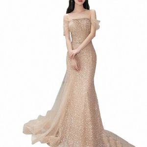 Guxqd Exquisite Champagne Sirena da sera da donna Dres Paillettes Che borda Prom Abiti del partito Formale Ocn Vestido De Noche O8CG #