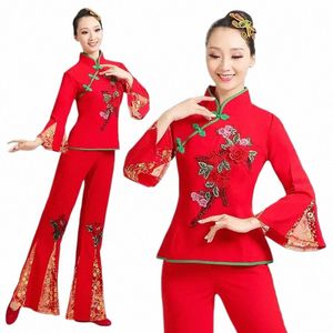 Klassisk naturlig yangko -danskläder Elegant folk Square Dance Hanfu Kläder Rödgrön Braditial Folk Dance Performance Suit M2BO#