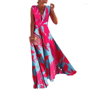 Casual Dresses Women High Waist Deep V Neck Pullover Dress Fashion Print Scented French Female Summer Large Hem Sleeveless Gown