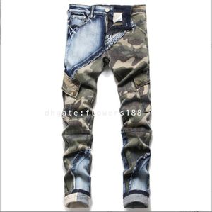 Mäns jeans 2024 Nya jeans män smala stretch kamouflage lapptäcke lapptäcke mäns blyertspenna jeans trendig