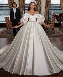 Luxury Satin Wedding Dress 2024 Off The Shoulder V-neck Puffy Sleeves Pearls Beading Satin Bridal Bride Gowns Vestidos De Novias