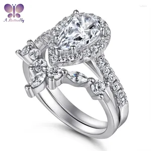 Anéis de cluster 925 prata esterlina simulação diamante 6/9 mm conjunto de corte de pêra anel de casamento jóias presente de aniversário