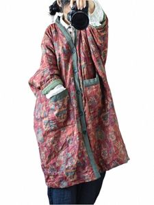 Johnature Women Vintage Print Floral LG Parkas V-Drock Butt Lose ciepły płaszcz 2024 Zima nowe lniane ubrania kieszonkowe parkas d0ua#