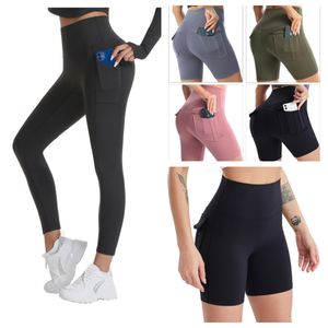 Lu Women's Yoga Align Leggings High Waist Lifting Hip Tight Nude Feel Quick Drying Running Fitness Sports Pants Women Side Pockets Designers Legging Shorts