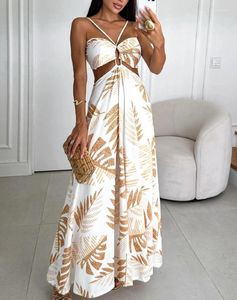 Casual Dresses Womens 2024 Summer Fashion Tropical Print Hollow-Out Backless Asymmetrical Neck Sleeveless Vacation Maxi Dress
