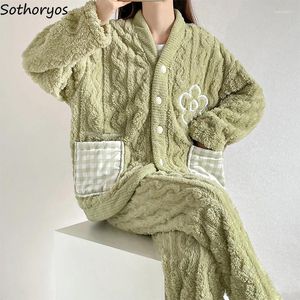 Women's Sleepwear Cute Pajama Sets Women Coral Fleece Plus Velvet Thicker Sweet V-neck Pockets Girls Loungewear Autumn Warm Ladies Home