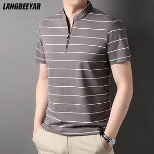 Top Grade Yarnddyed Processo Algodão Zíper Tripulação Pescoço Verão Polo Camisa Listrada Manga Curta Casual Tops Fashions Roupas Masculinas 240329