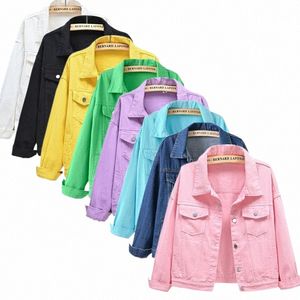 pure Color Women's Denim Jacket Single-breasted Lapel Coat Fi Casual Tops Green Black Red Blue Outerwear Female Overcoat 36qh#