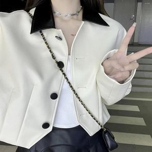 Kadın Ceketleri Moda Pu Kadın Giyim Tştolma Yaka Uzun Kollu Mahsul Üstler Sıradan Vintage Deri Kore Y2K Ceket 2024 Ropa Mujer