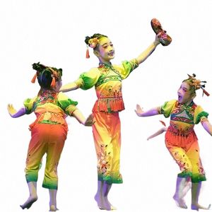 Estilo chinês Yangko Dance Wear Meninas Traditial Folk Dance Natial Hanfu Costumes Fan Dancing Ancient Classical Stage Dance N38q #