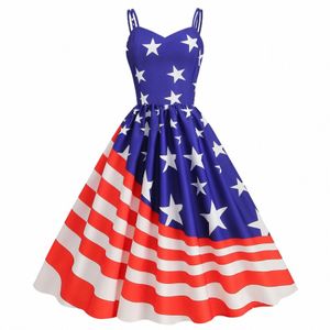 Unabhängigkeit Tag Sommer Sexy Hosenträger Weibliche Elegante Formale Dres Amerikanische Flagge Drucken A-Line Swing Frauen Dr U2zg #