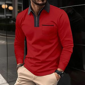 Herren-Poloshirt mit Taschen und langen Ärmeln, Revers, Reißverschluss, Farbverlauf, lässig, 240329