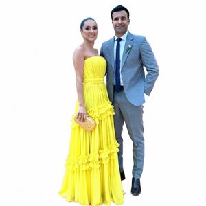 Bafftafe Yellow Chiff Prom Dres Strapl Tiered Kjol Pleated LG Evening Downs Women Formal Party Special OCN DR 79QS#