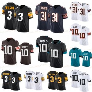 Barato 2024 Novo 3 Jersey de futebol de Russell Wilson 10 Jerry Jeudy Mac Jones Kevin Byard Stitched Homens Mulheres Juventude