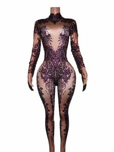 Sexig lyxig Rhinestes Jumpsuit Woman Birthday Prom Club Party Outfit Dancer Rompers Performance Host Stage Wear Putao B2es#