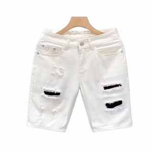 Sommarmän slitna hål denimshorts fi märke Löst raka vita korta byxor G0A6#