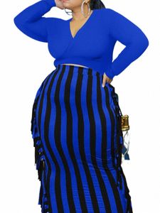 lw Plus Size skirt 2pcs set Crop Top Striped Tassel Design Skirt Set Autumn NEW women's dr casual Lg sleeve top & maxi dres 33DC#