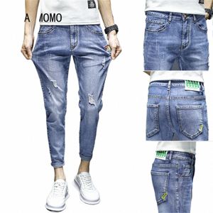 Calças de brim masculinas na altura do joelho rasgado estiramento magro calças jeans cor sólida azul outono verão estilo hip-hop calças de ajuste fino calças masculinas 1242 #