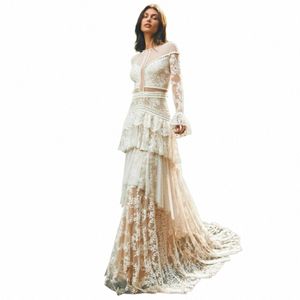 Morden Lace 퍼프 Full Sleeve Butt o Neck Wedding lg Dres Boho Tiered Pleat 자수 신부 가운 전체 슬리브 멍청이 v1ng#