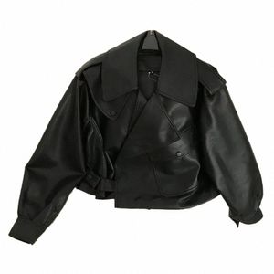 2024 Новая куртка из искусственной кожи с отложным воротником в американском стиле, весенняя женская байкерская куртка, мотоциклетная свободная уличная одежда, верхняя одежда 65TE #