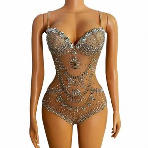 le donne del partito di sera Pole Costume di scena Fi Nightclub Bar Outfit Ds Tuta Slip Rhinestes Stretch Acrobazie Costume M05b #