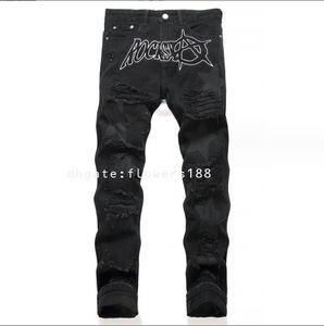 Rocks Men's Jeans New Foreign Trade Style Black Ripped Patch Embroidered Jeans Elastic Free Loose Straight Men's Jeans