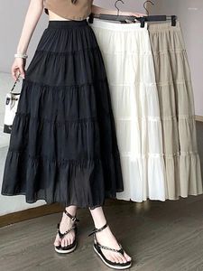 Skirts TingYiLi Korean Style Cute Tiered A-line Womens Spring Summer High Waist Swing Chiffon Midi Long Skirt Black Beige Khaki