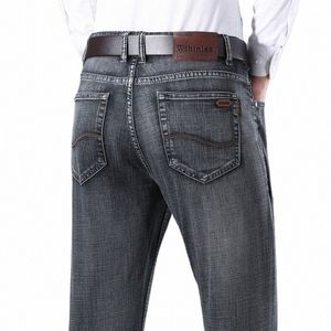 2023 Busin Men's Jeans Casual Straight Stretch Fi Classic Grey Black Work Denim Trousers Male Brand Clothing B0HD#