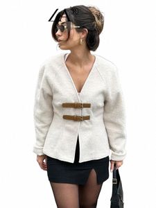 trafza Retro Leather Buckle Woolen Coat Women Fi Solid V Neck Lg Sleeve Beige Jacket Autumn Spring Chic Female Streetwear d960#