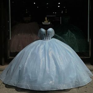 2024 Sky Blue Shiny Quinceanera Dresses Birthday Off Shoulder Formal Ball Gown Beading Tull Party Dresses Vestido De 15 Anos