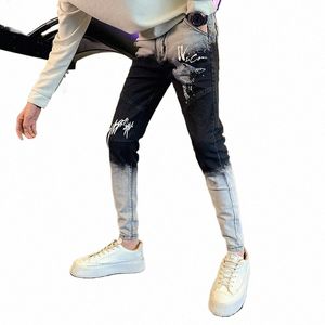 FI Gradient Color Print Jeans Pants For Men Clothing 2023 Slim Fit Casual Mid midja Denim Men's Trousers Streetwear 36-28 J23D#