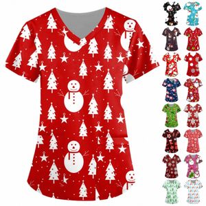 snowman Print Christmas Scrubs Tops Women V-Neck Short Sleeve Nurse Uniforms Carer Work Blouse Pet Grooming Beauty Sal Shirt q2nu#