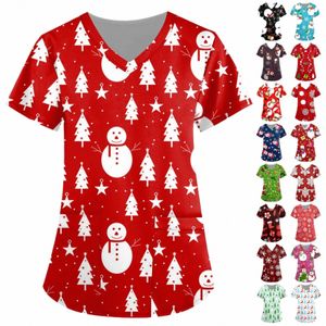 Snowman Print Christmas Scrubs toppar kvinnor V-ringning Kort ärm Sjuksköterska uniformer Care Work Blus Pet Grooming Beauty Sal Shirt Q2NU#