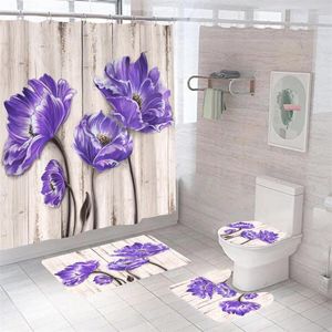 Shower Curtains Flowers Bath Curtain Waterproof 3D Print Mat Set Eco-Friendly Toilet Rugs Anti-slip Carpet With Hooks