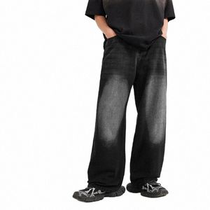 Уличная одежда в стиле ретро, широкие джинсы, мужские черные классические свободные джинсовые брюки j770 #