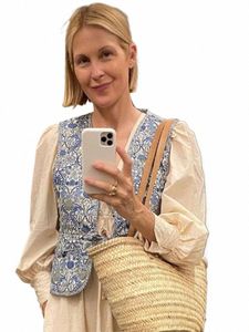 fr Stampa Lace Up Cott Vest per le donne Vintage allentato Sleevel Blu Cardigan Top 2023 Autunno Fi Lady High Streetwear T2Nc #