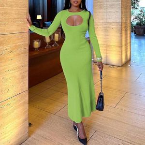 Casual Dresses AVV Pure Color Ribbed Maxi Dress O Neck Hollow Out Long Sleeved Autumn Spring Club Party Outfits 2024 Elegant Ladies