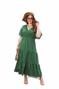 plus Size Polka Dot V-Neck Butterfly Sleeve Dr Women Summer 2024 Holiday Beach Vintage Ruffle Hem Maxi Lg Dres v3N2#