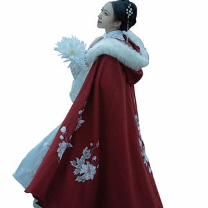 hanfu mantel chinese new year traditial woman Hooded Cape Cloak winter red tang dynasty embroidery ancient D2VD#