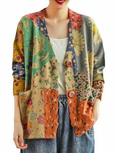 2023 Womens Classic Impresso Design Com Decote Em V Cardigans Senhoras Soltas Vintage Floral Suéter Feminino Oversized Casual Luxo Malhas m0JY #