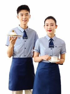 2023 Summer Catering Short-sleeved Waiter Work Blue Shirt+Apr 2pcs Hotel Custom Logo Uniform Dert Shop Waitr Workwear Q9de#