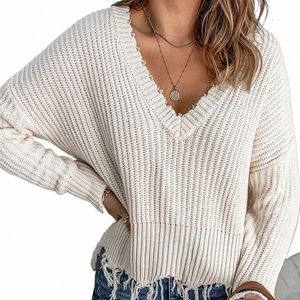 Casual New 2023 Pink V Neck Tassel Women Sticked Pullover Fi Solid Color Sweater Autumn Winter Soft Warm Jumper Knitwear E7XW#