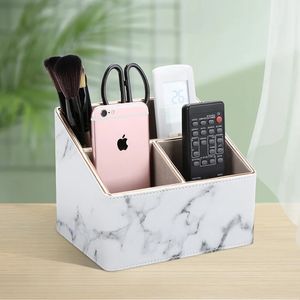 NEW 2024 Multi-Functional 3 Compartments Wooden Storage Box Gold Edge Marble Faux Leather Desk Organizer Remote Controllers Holder Case