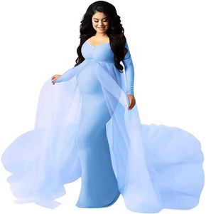 Umstandskleider Sepzay Damen langärmeliges Schulter-Maxi-Fotokleid für schwangere Frauen, durchsichtiges Hochzeits-Meerjungfrauenkleid für Photoshot-BabypartyL2403