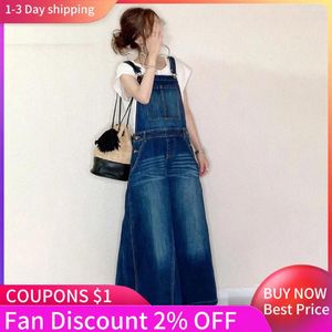 Lässige Kleider Strap Denim Kleid gewaschen und poliert japanische lose Damen lange Tasche knöchellang 2024 Herbst weiblich