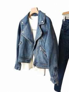 Spring Autumn Motorcykel denimjacka Kvinnor Fi Lapel Zipper Short Cowboy Streetwear Vintage Loose Moto Biker Coat Outwear W2MJ#