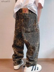 Herrenjeans Houzhou Tan Leopard Jeans Herren Jeanshose Herren übergroße Hose mit weitem Bein Straßenkleidung Hip-Hop Retro locker sitzende FreizeitkleidungL2403