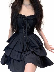 QWEEK GOTHIC GOTH HARAJUKUセクシーなスリップDR RUFFLES Y2K STREETWEARダークパンクケーキドレスパーティー韓国FI 2023夏Y1EE＃